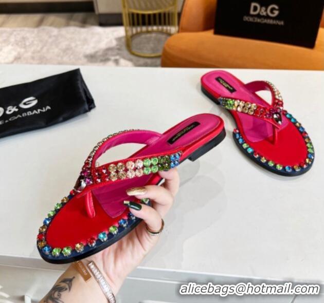 Best Price Dolce & Gabbana DG Crystal Flat Thong Sandals Red 113029