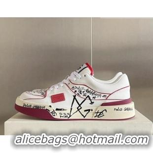 Best Luxury Dolce & Gabbana New Roma Graffiti Calfskin Sneakers White/Red 122301