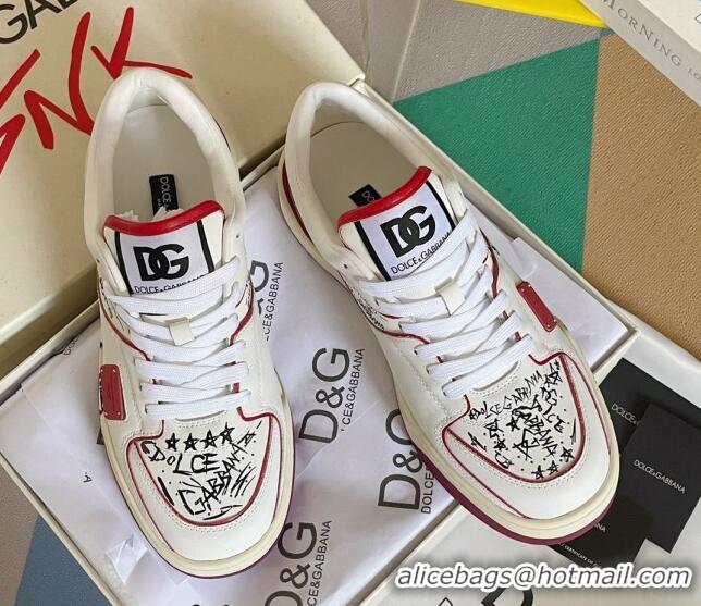 Best Luxury Dolce & Gabbana New Roma Graffiti Calfskin Sneakers White/Red 122301