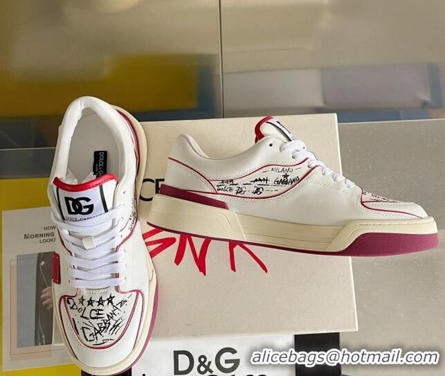 Best Luxury Dolce & Gabbana New Roma Graffiti Calfskin Sneakers White/Red 122301