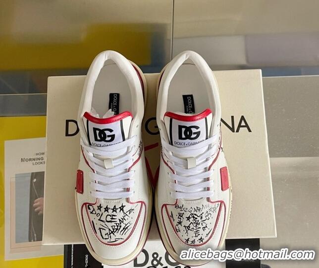 Best Luxury Dolce & Gabbana New Roma Graffiti Calfskin Sneakers White/Red 122301