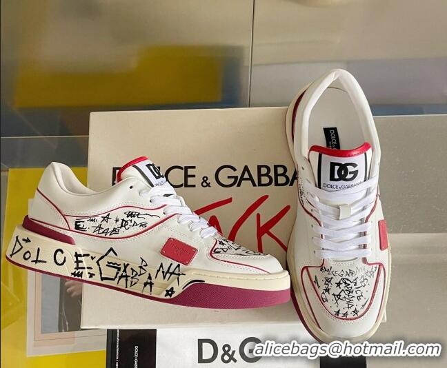 Best Luxury Dolce & Gabbana New Roma Graffiti Calfskin Sneakers White/Red 122301