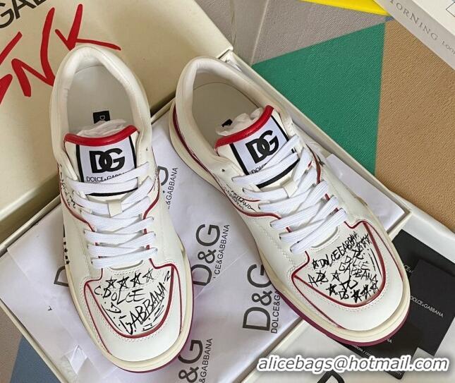 Shop Dolce & Gabbana New Roma Graffiti Calfskin Sneakers White/Red 122303