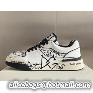 Elegant Dolce & Gabbana New Roma Graffiti Calfskin Sneakers White/Black 122304