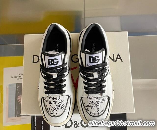 Elegant Dolce & Gabbana New Roma Graffiti Calfskin Sneakers White/Black 122304