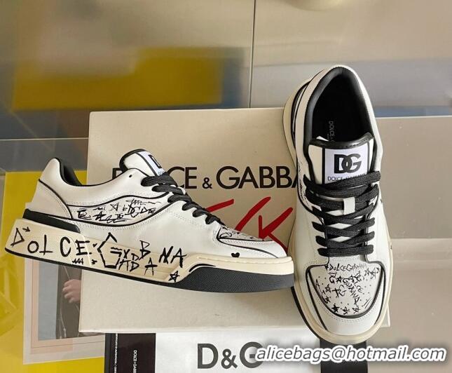 Elegant Dolce & Gabbana New Roma Graffiti Calfskin Sneakers White/Black 122304