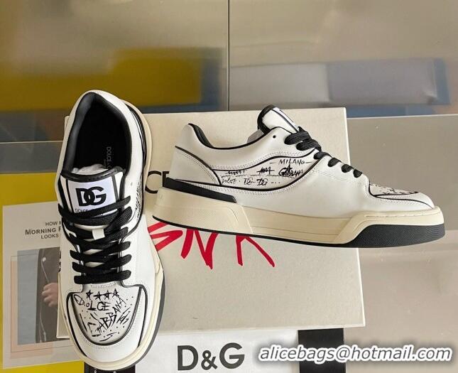 Elegant Dolce & Gabbana New Roma Graffiti Calfskin Sneakers White/Black 122304