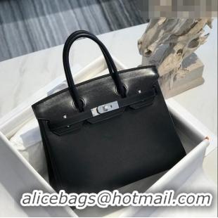 Top Quality Hermes Birkin Bag 30cm in Box Calf Leather HB30 Black/Silver (Half-handmade)