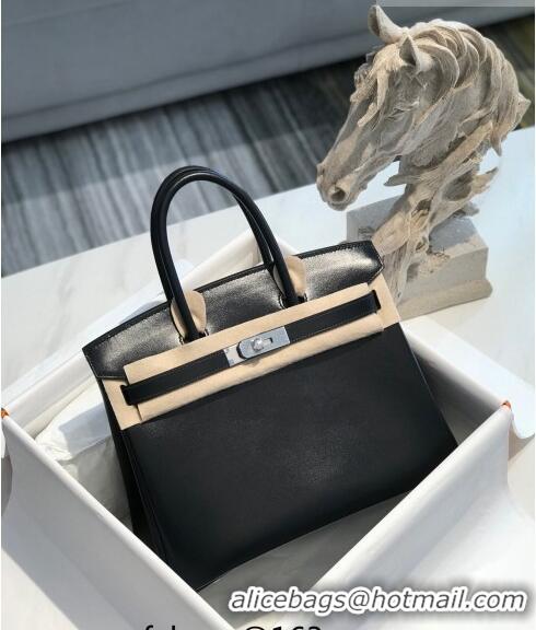 Top Quality Hermes Birkin Bag 30cm in Box Calf Leather HB30 Black/Silver (Half-handmade)