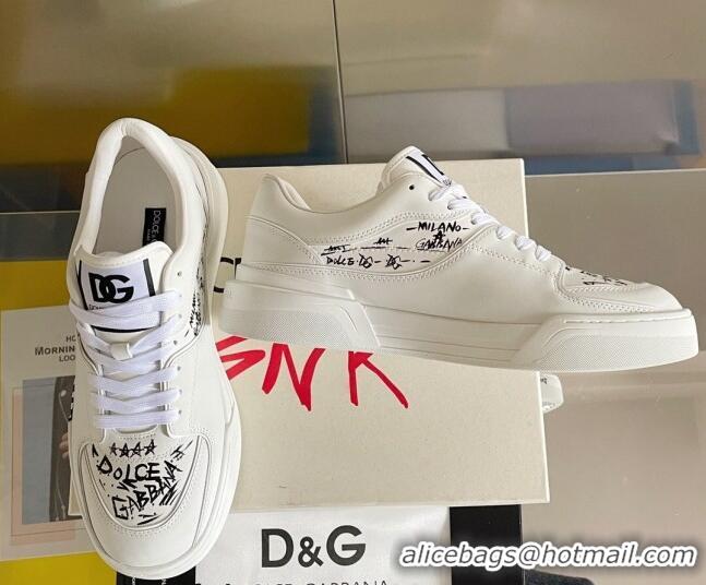 Cute Dolce & Gabbana New Roma Graffiti Calfskin Sneakers White 122305