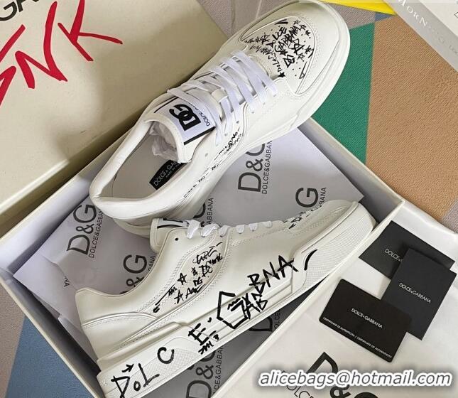 Cute Dolce & Gabbana New Roma Graffiti Calfskin Sneakers White 122305