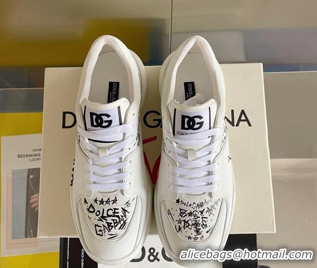 Cute Dolce & Gabbana New Roma Graffiti Calfskin Sneakers White 122305