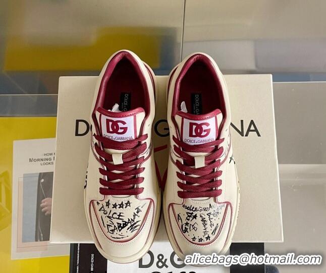 New Style Dolce & Gabbana New Roma Graffiti Calfskin Sneakers White/Burgundy 122306