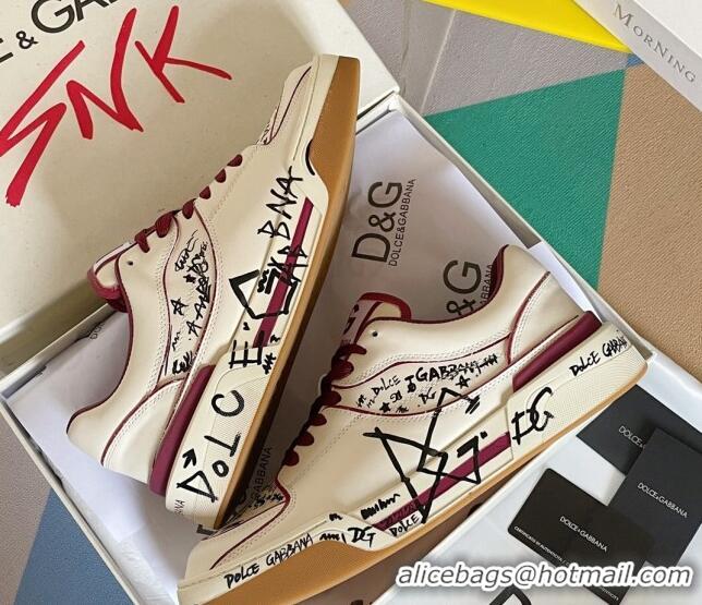 New Style Dolce & Gabbana New Roma Graffiti Calfskin Sneakers White/Burgundy 122306