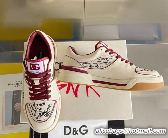 New Style Dolce & Gabbana New Roma Graffiti Calfskin Sneakers White/Burgundy 122306