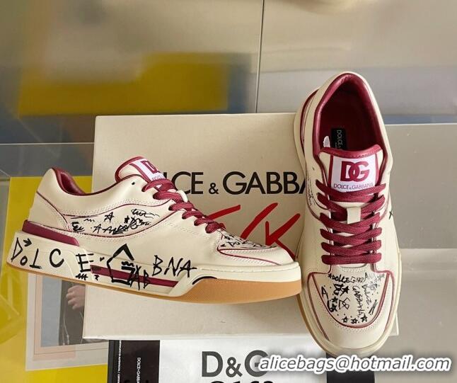 New Style Dolce & Gabbana New Roma Graffiti Calfskin Sneakers White/Burgundy 122306