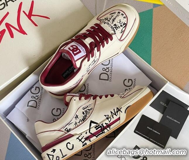 New Style Dolce & Gabbana New Roma Graffiti Calfskin Sneakers White/Burgundy 122306