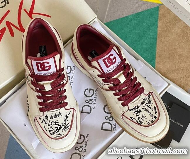 New Style Dolce & Gabbana New Roma Graffiti Calfskin Sneakers White/Burgundy 122306