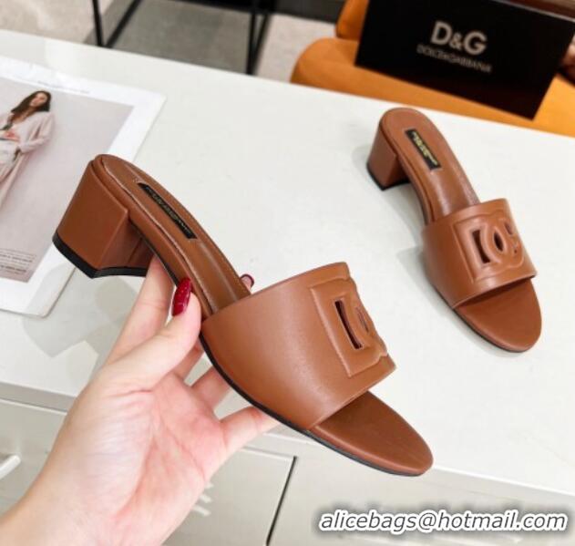 Most Popular Dolce&Gabbana Cutout DG Calfskin Heel Slide Sandals 5cm Brown 122701