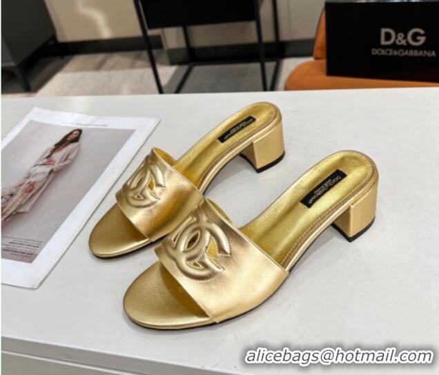 Perfect Dolce&Gabbana Cutout DG Calfskin Heel Slide Sandals 5cm Gold 122703