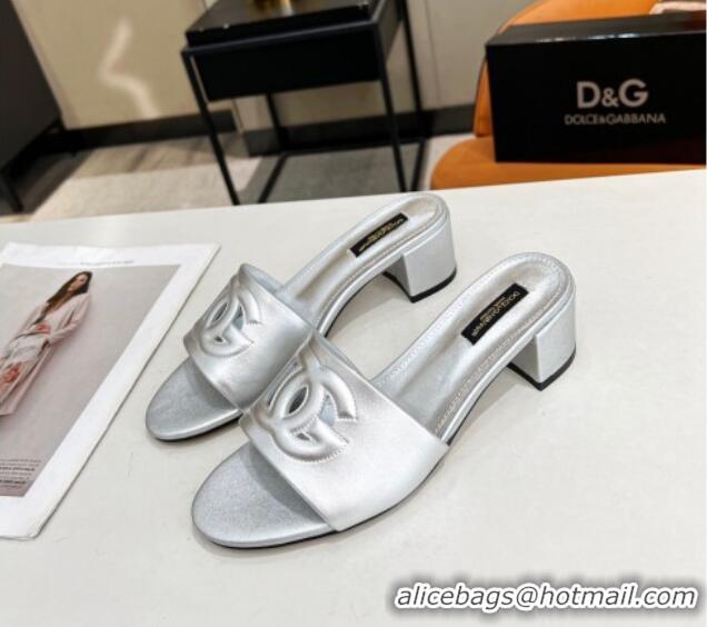 Popular Dolce&Gabbana Cutout DG Calfskin Heel Slide Sandals 5cm Silver 122704