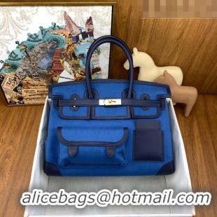 Super Quality Hermes Birkin 35cm Cargo Bag in Swift Leather and Canvas HB35 Blue (Pure Handmade)