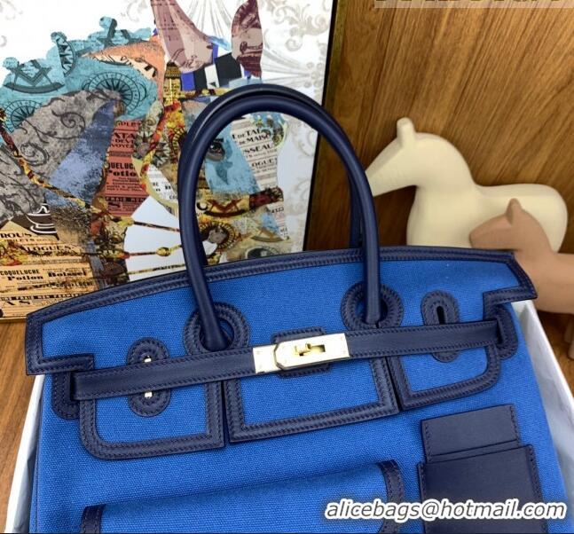 Super Quality Hermes Birkin 35cm Cargo Bag in Swift Leather and Canvas HB35 Blue (Pure Handmade)