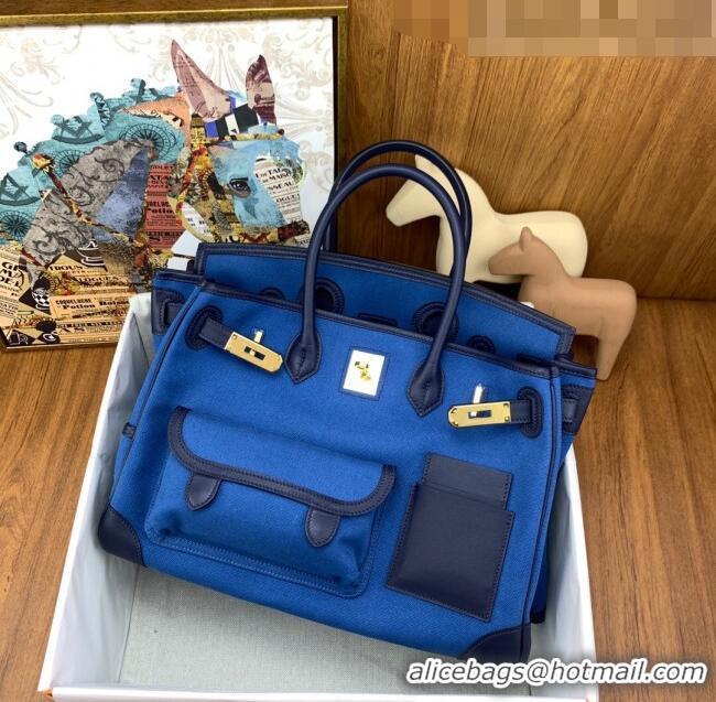 Super Quality Hermes Birkin 35cm Cargo Bag in Swift Leather and Canvas HB35 Blue (Pure Handmade)