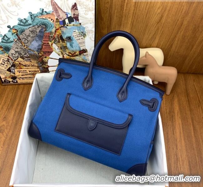 Super Quality Hermes Birkin 35cm Cargo Bag in Swift Leather and Canvas HB35 Blue (Pure Handmade)