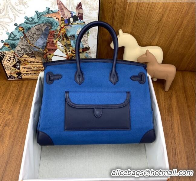 Super Quality Hermes Birkin 35cm Cargo Bag in Swift Leather and Canvas HB35 Blue (Pure Handmade)