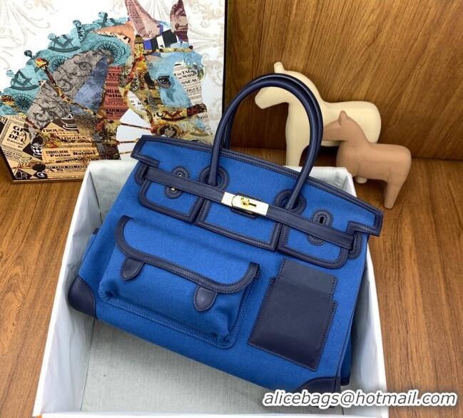 Super Quality Hermes Birkin 35cm Cargo Bag in Swift Leather and Canvas HB35 Blue (Pure Handmade)