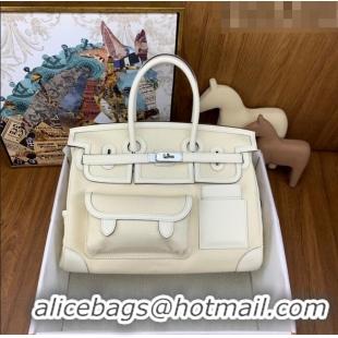 Top Quality Hermes Birkin 35cm Cargo Bag in Swift Leather and Canvas HB35 White (Pure Handmade)