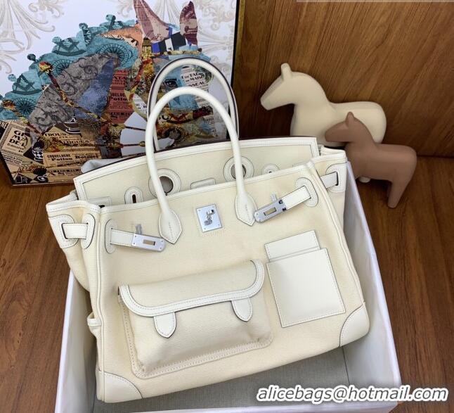 Top Quality Hermes Birkin 35cm Cargo Bag in Swift Leather and Canvas HB35 White (Pure Handmade)