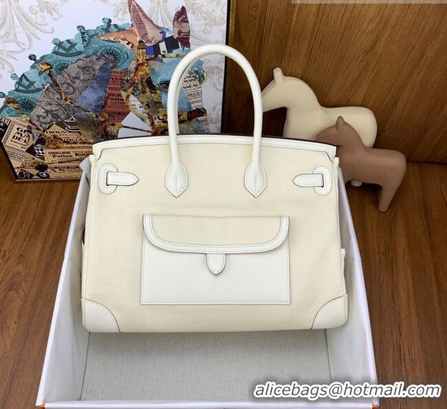 Top Quality Hermes Birkin 35cm Cargo Bag in Swift Leather and Canvas HB35 White (Pure Handmade)