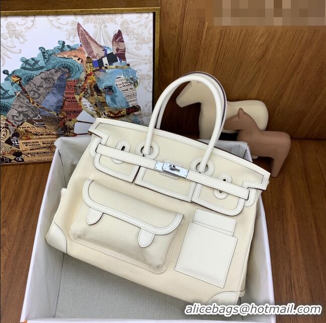 Top Quality Hermes Birkin 35cm Cargo Bag in Swift Leather and Canvas HB35 White (Pure Handmade)