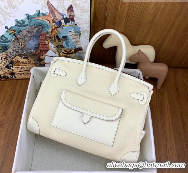 Top Quality Hermes Birkin 35cm Cargo Bag in Swift Leather and Canvas HB35 White (Pure Handmade)