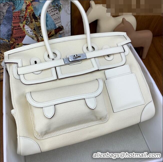 Top Quality Hermes Birkin 35cm Cargo Bag in Swift Leather and Canvas HB35 White (Pure Handmade)