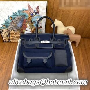 Well Crafted Hermes Birkin 35cm Cargo Bag in Swift Leather and Canvas HB35 Navy Blue (Pure Handmade)