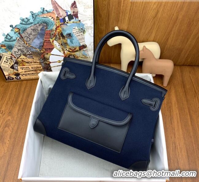 Well Crafted Hermes Birkin 35cm Cargo Bag in Swift Leather and Canvas HB35 Navy Blue (Pure Handmade)