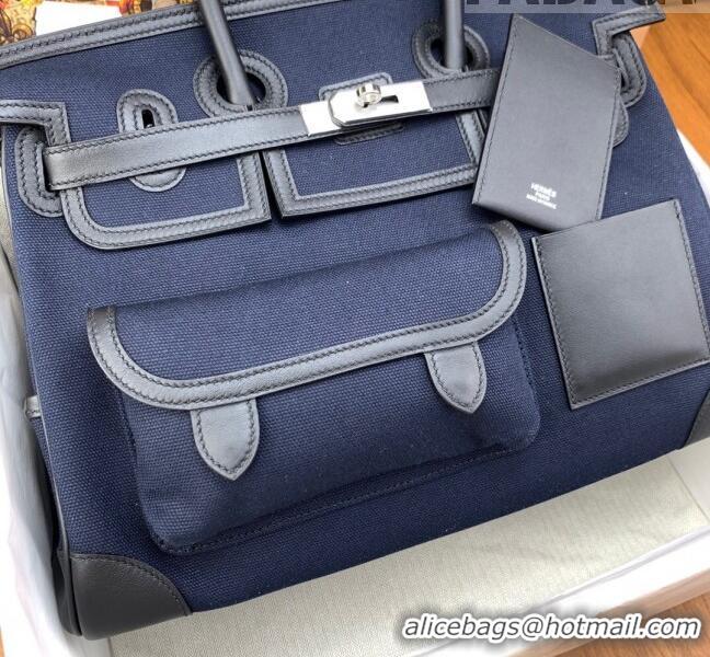 Well Crafted Hermes Birkin 35cm Cargo Bag in Swift Leather and Canvas HB35 Navy Blue (Pure Handmade)