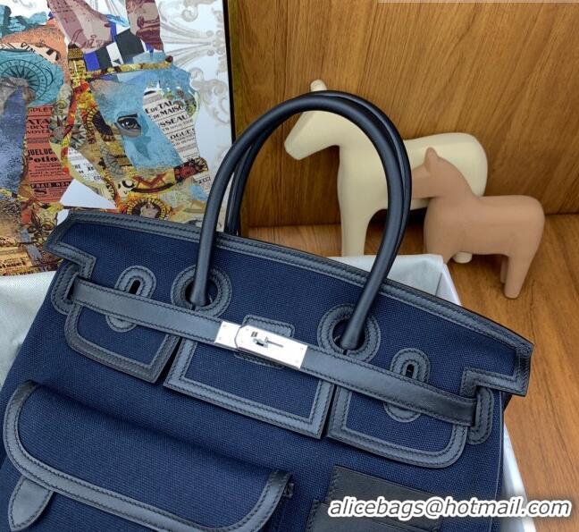 Well Crafted Hermes Birkin 35cm Cargo Bag in Swift Leather and Canvas HB35 Navy Blue (Pure Handmade)