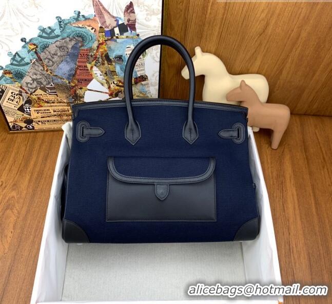 Well Crafted Hermes Birkin 35cm Cargo Bag in Swift Leather and Canvas HB35 Navy Blue (Pure Handmade)