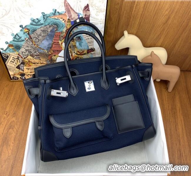 Well Crafted Hermes Birkin 35cm Cargo Bag in Swift Leather and Canvas HB35 Navy Blue (Pure Handmade)