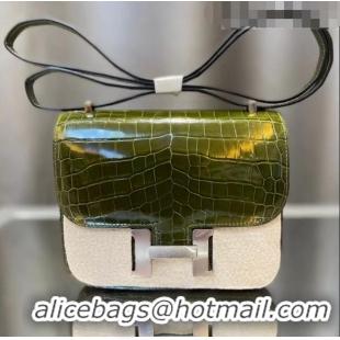 Promotional Hermes Constance 18cm Bag in Original Shiny Nile Crocodile Leather H4064 Olive Green (Pure Handmade)