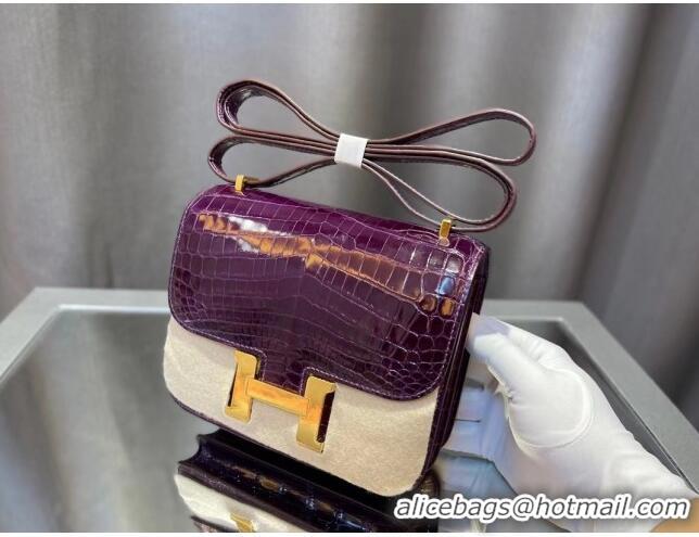 Buy Grade Hermes Constance 18cm Bag in Original Shiny Nile Crocodile Leather H4064 Purple (Pure Handmade)