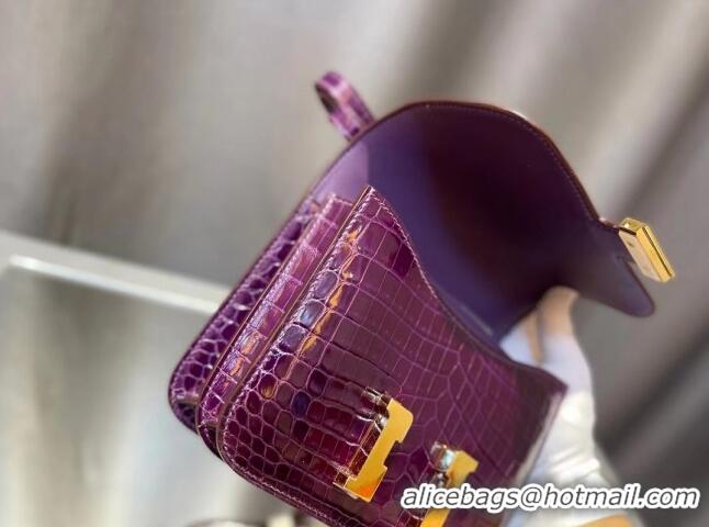 Buy Grade Hermes Constance 18cm Bag in Original Shiny Nile Crocodile Leather H4064 Purple (Pure Handmade)