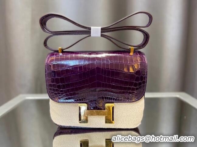 Buy Grade Hermes Constance 18cm Bag in Original Shiny Nile Crocodile Leather H4064 Purple (Pure Handmade)