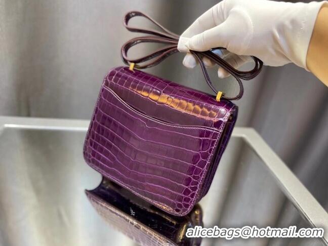 Buy Grade Hermes Constance 18cm Bag in Original Shiny Nile Crocodile Leather H4064 Purple (Pure Handmade)