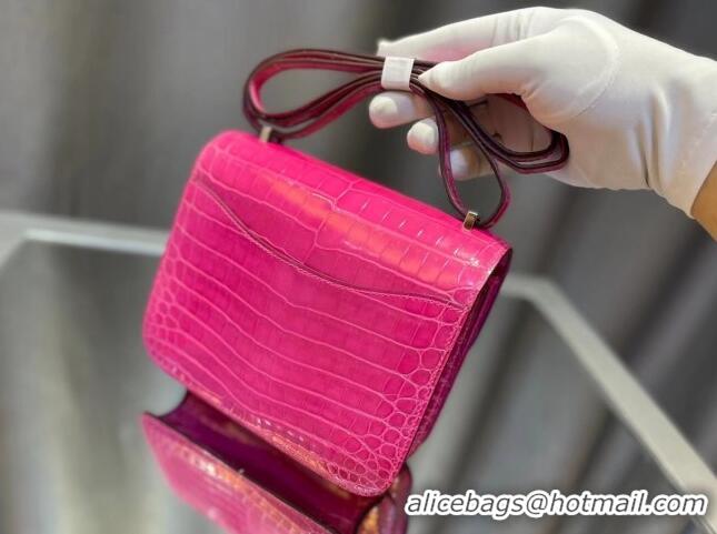 Inexpensive Hermes Constance 18cm Bag in Original Shiny Nile Crocodile Leather H4064 Fuchsia (Pure Handmade)