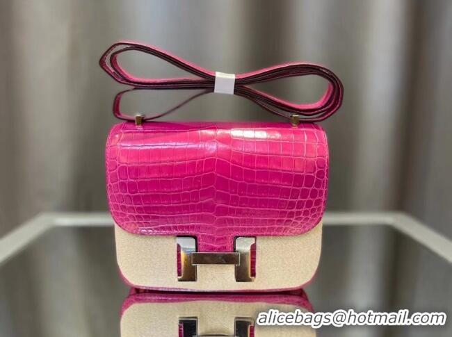 Inexpensive Hermes Constance 18cm Bag in Original Shiny Nile Crocodile Leather H4064 Fuchsia (Pure Handmade)